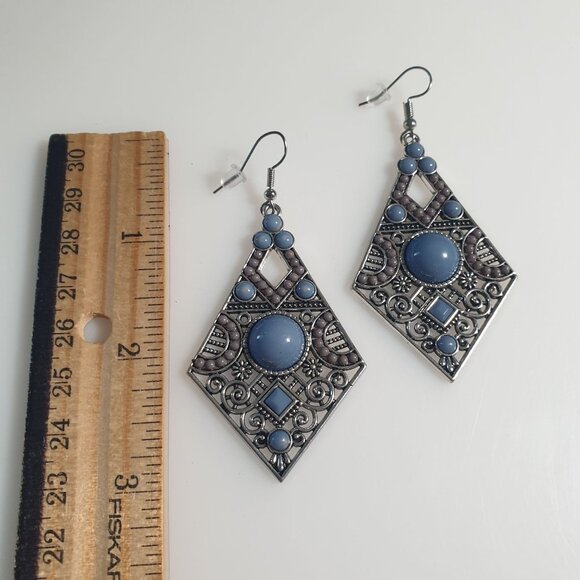 Silver Tone Filigree Dangle Earrings Blue Accents Geometric Boho Beach Core - Picture 3 of 4